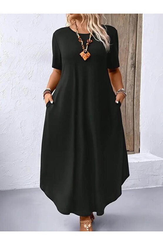 Kadın Kısa Kollu Bisiklet Yaka Cepli Salaş Viskon Elbise