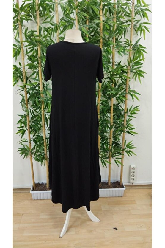 Kadın Kısa Kollu Bisiklet Yaka Cepli Salaş Viskon Elbise