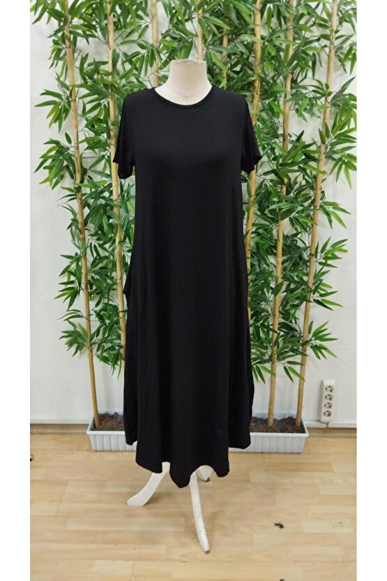 Kadın Kısa Kollu Bisiklet Yaka Cepli Salaş Viskon Elbise