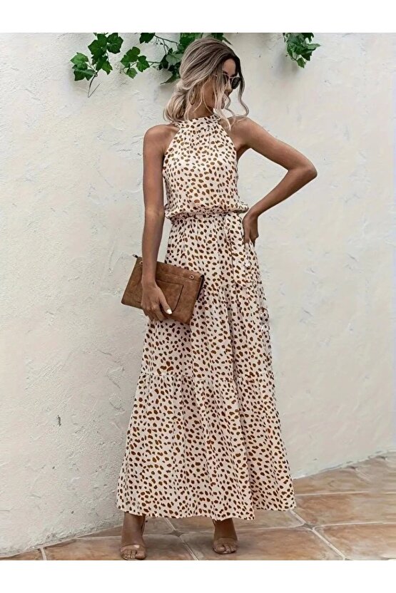 Kadın Daire Yakalı Beli Lastikli Desenli Süprem Elbise