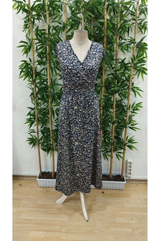 Kadın Kısa Kollu Kruvaze Yakalı çiçek Desenli Belden Lastikli Süprem Uzun Elbise