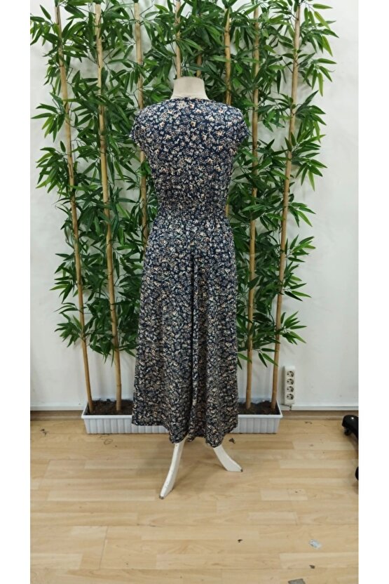 Kadın Kısa Kollu Kruvaze Yakalı çiçek Desenli Belden Lastikli Süprem Uzun Elbise