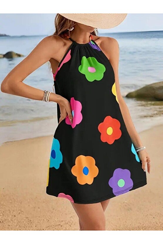 Kadın Boyundan Askılı Kolsuz çiçek Desenli Süprem Elbise