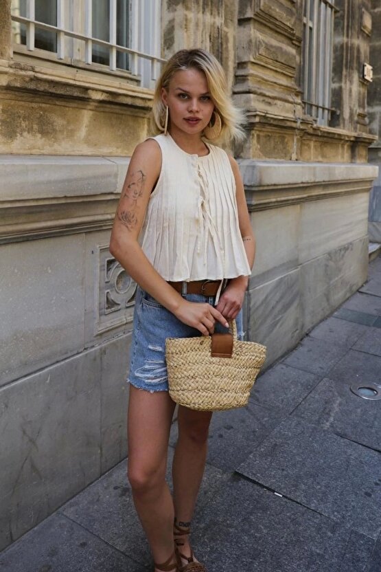 Pileli Bağlamlı Bluz - Natür