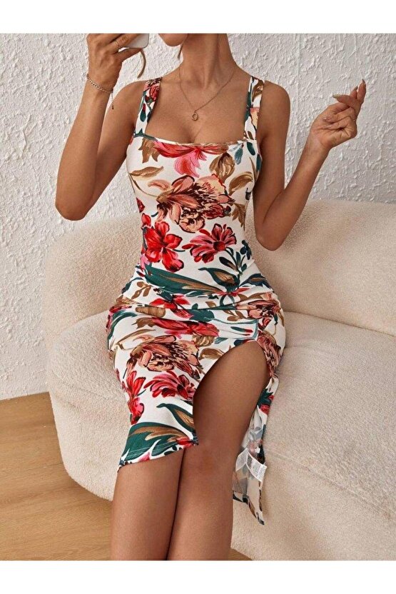 Kadın Askılı Kare Yakalı Yırtmaçlı çiçek Desenli Dalgıç Elbise