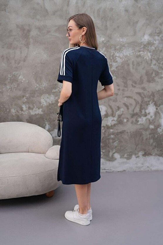 Kadın Kristal Kumaş şerit Ve Yırtmaç Detaylı V Yaka Midi Boy Elbise