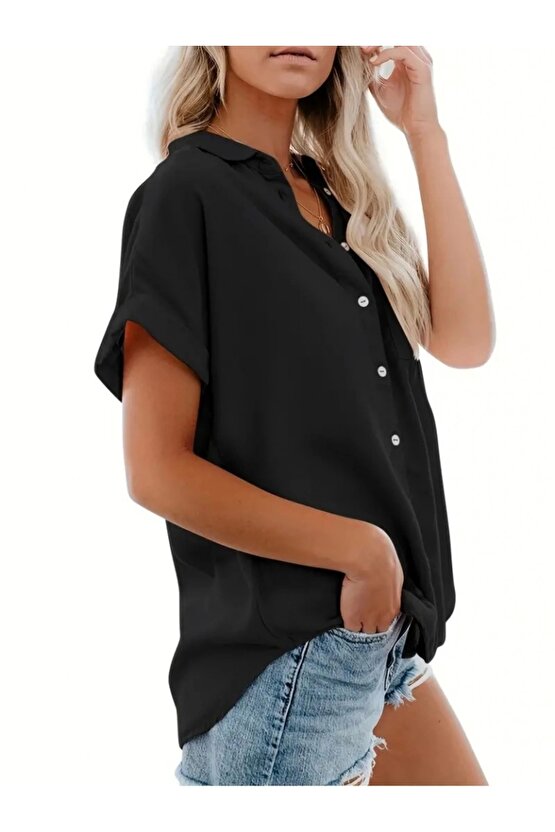 Kadın Kısa Kollu V Yakalı önden Düğmeli Dokuma Gömlek