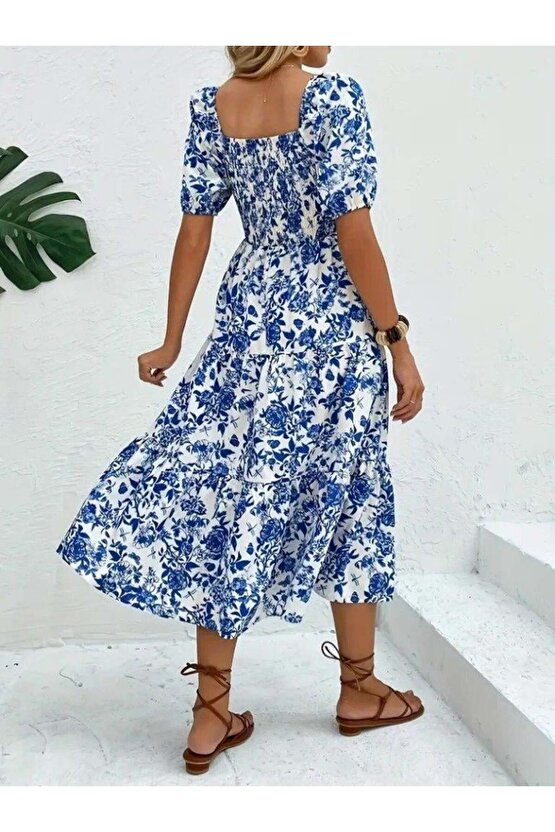 Kadın Kısa Kollu Kare Yakalı Lastikli Desenli Süprem Elbise