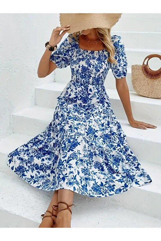 Kadın Kısa Kollu Kare Yakalı Lastikli Desenli Süprem Elbise