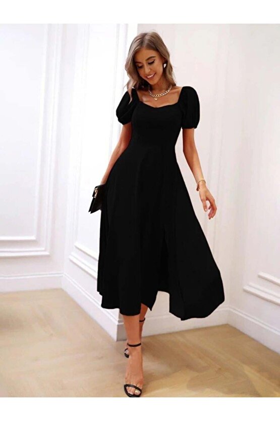 Kadın Kısa Kollu Kare Yakalı Yırtmaçlı Midi Janjan Krep Elbise