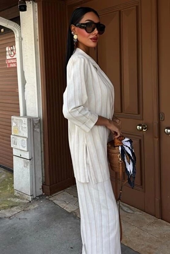 Blazer Ceketli Çizgili Keten Takım 10186