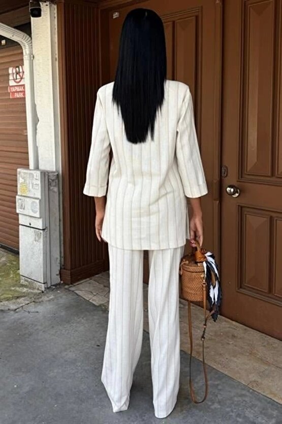 Blazer Ceketli Çizgili Keten Takım 10186
