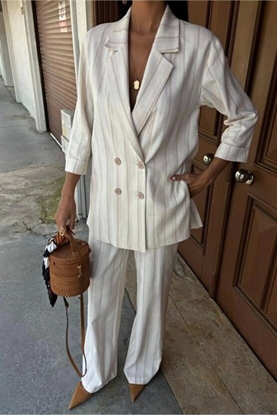 Blazer Ceketli Çizgili Keten Takım 10186