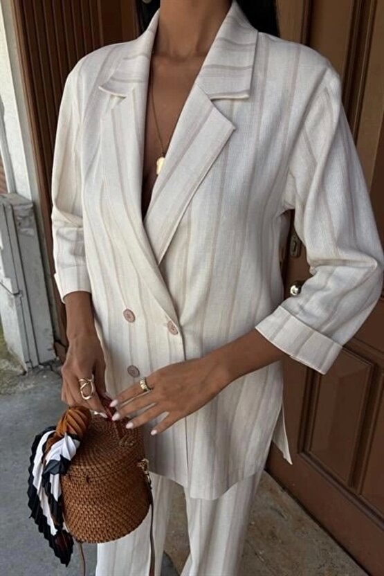 Blazer Ceketli Çizgili Keten Takım 10186
