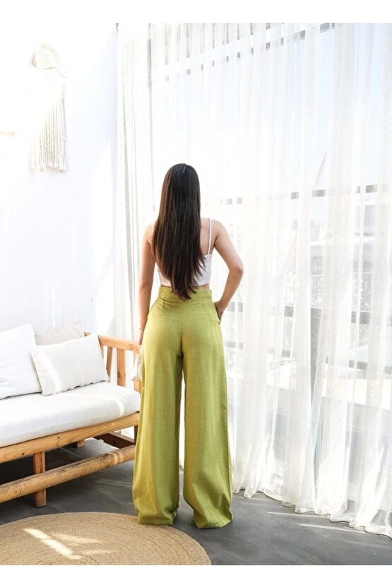 Keten Düğme Detayli Dökümlü Palazzo Pantolon