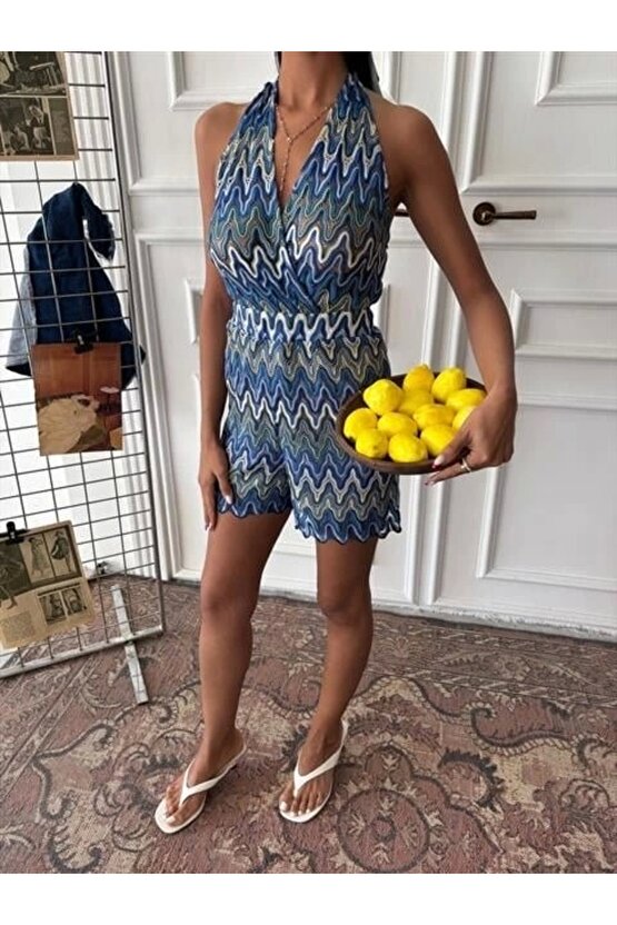 Zikzak Desenli Multi Renk Geçişli Mini Tulum 1365