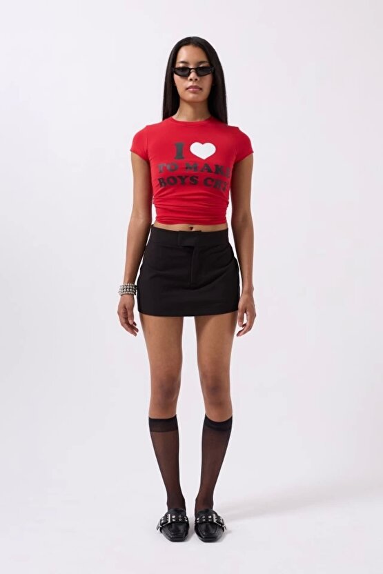 Nakış Detay Baskılı Crop T-Shirt