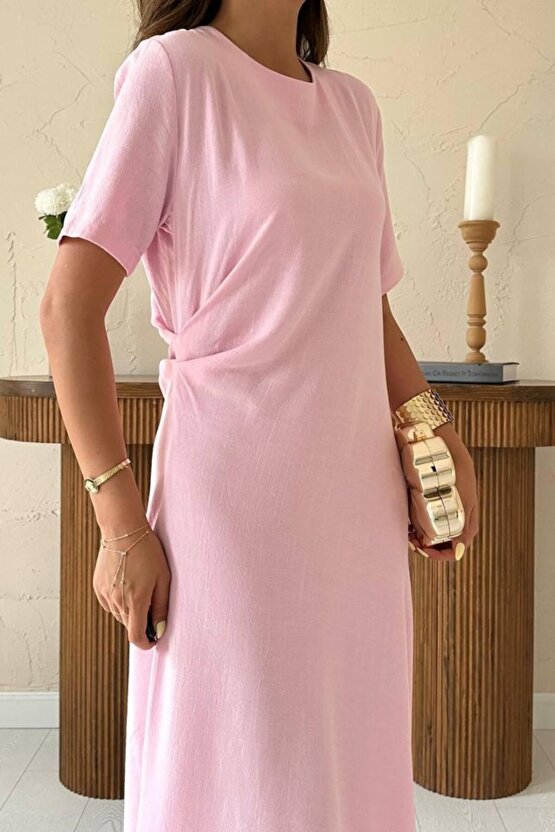 EQURİ Pudra Pileli Bisiklet Yaka Elbise