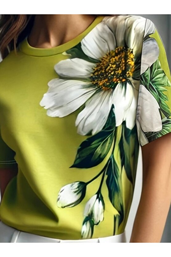 Kadın Kısa Kollu Bisiklet Yaka çiçek Baskılı Süprem Bluz