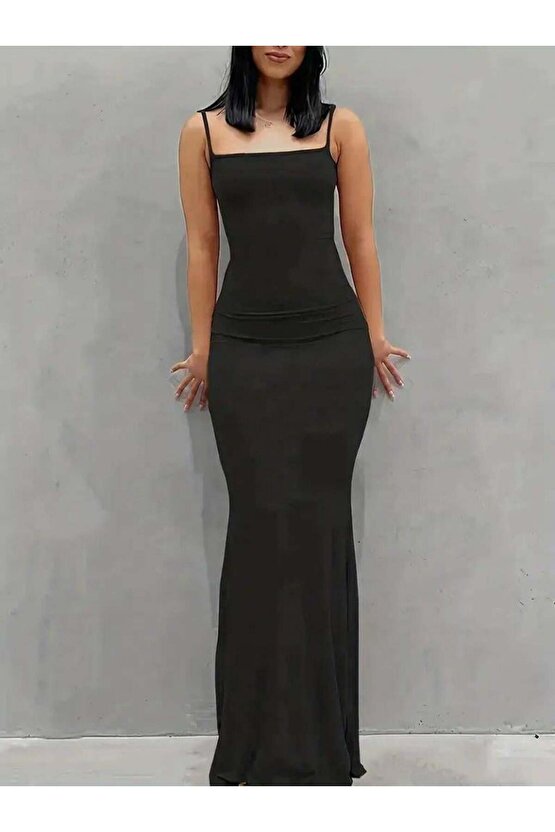 Kadın Kolsuz Askılı Bodycon Uzun Viskon Elbise
