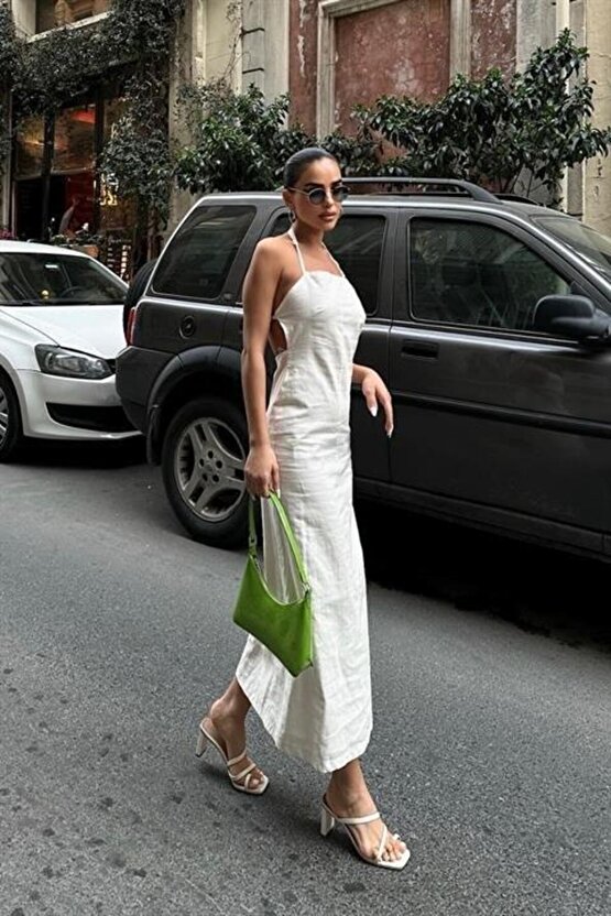 Trisha Sırt Dekolteli Keten Elbise 2496-20 ELBİSE