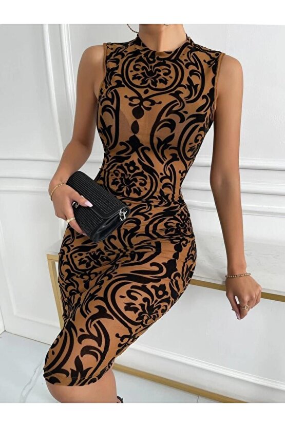 Kadın Kolsuz Yarı Balıkçı Yaka Desenli Dalgıç Elbise