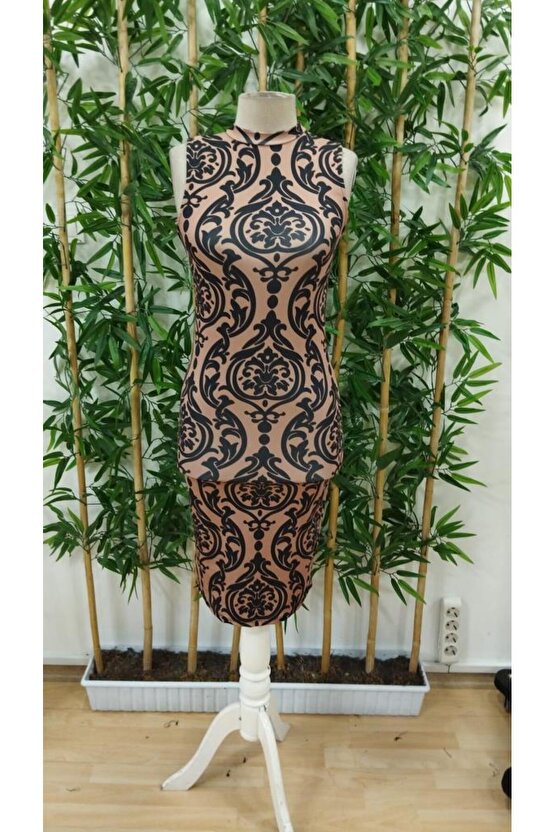 Kadın Kolsuz Yarı Balıkçı Yaka Desenli Dalgıç Elbise