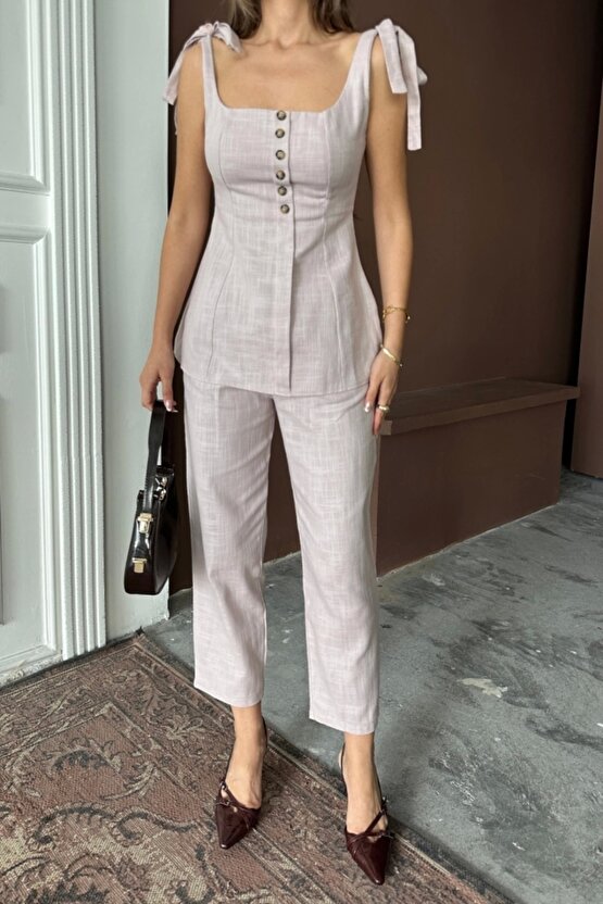 ŞANTUK KETEN YELEK GÖRÜNÜMLÜ ASKILI BLUZ - PANTOLON TK - Lila