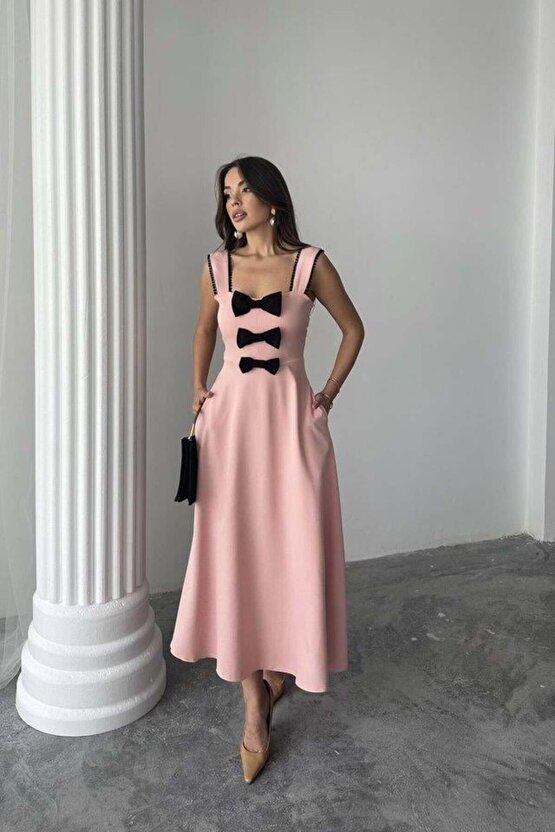 Pudra Fiyonk Garnili Dantelli Elbise