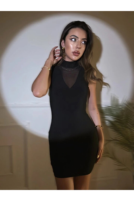 Kadın Balıkçı Yaka Tül Detay Kolsuz Mini Elbise