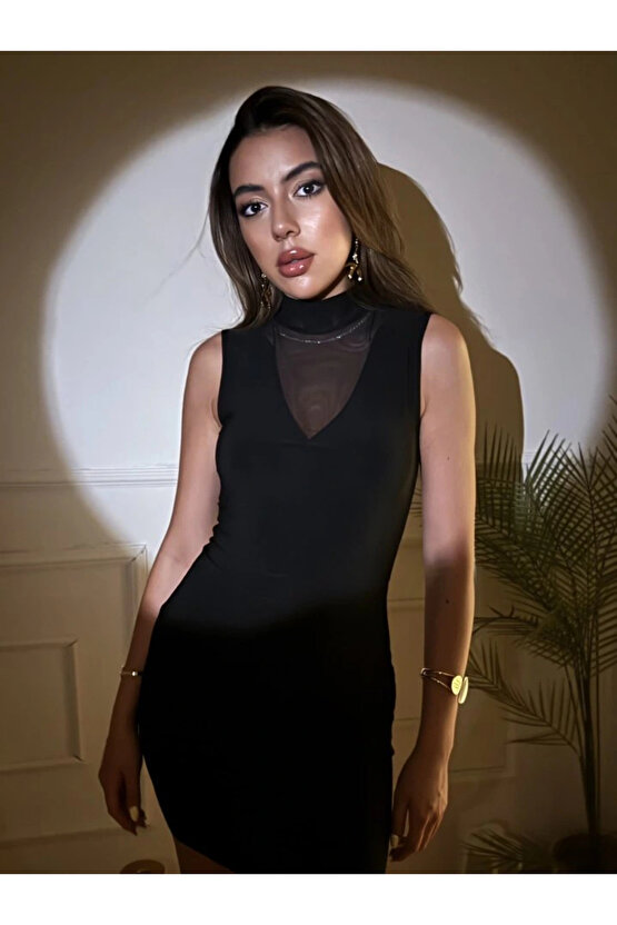 Kadın Balıkçı Yaka Tül Detay Kolsuz Mini Elbise