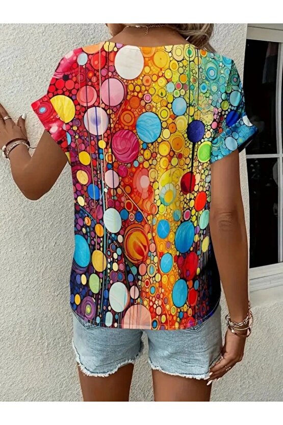 Kadın Kısa Kollu V Yakalı Desenli Süprem Bluz