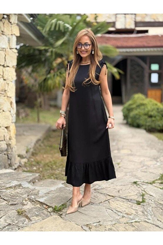 Kadın Omuzlardan Büzgülü Kayık Yaka Fırfırlı Janjan Krep Elbise