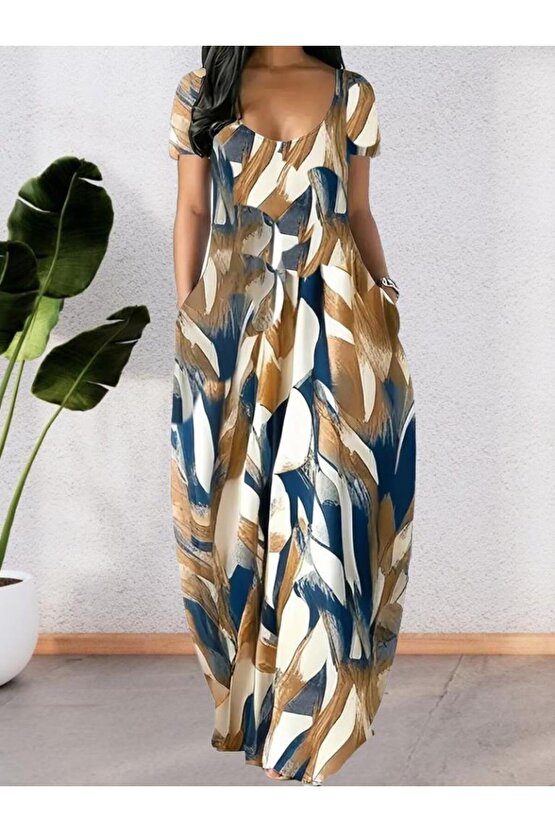 Kadın Kısa Kollu Yuvarlak Yaka Cepli Salaş Baskılı Süprem Elbise