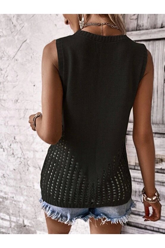 Kadın Kolsuz Bisiklet Yakayanları Ajur Detay Triko Bluz