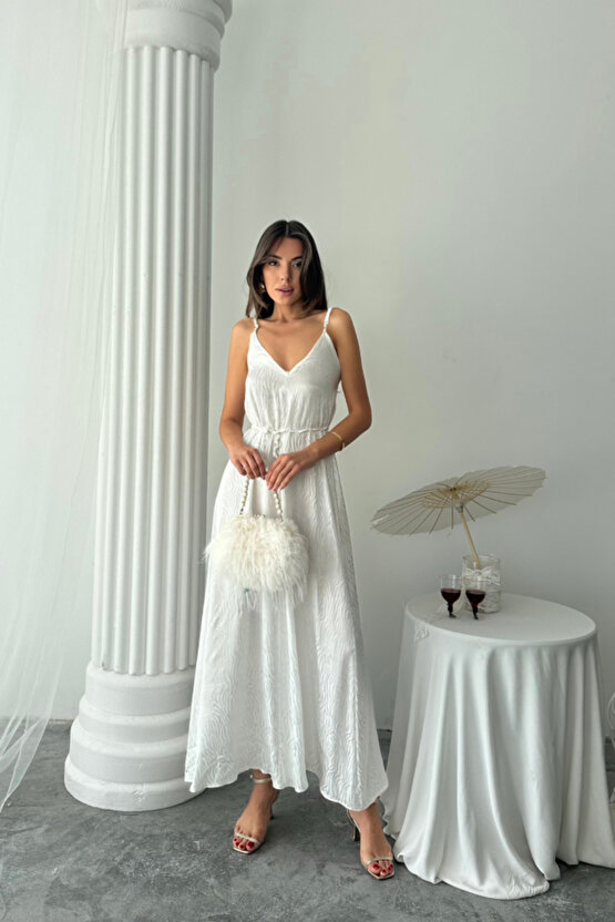 EQURİ JAKAR SATEN DEGAJE ASKILI ELBİSE İP KEMERLİ - Beyaz