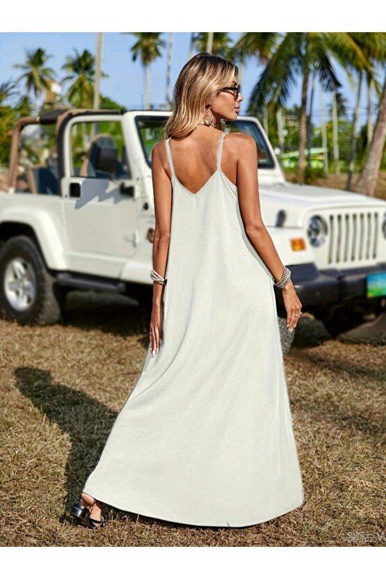 Kadın Askılı V Yakalı Etnik şerit Detaylı Uzun Viskon Elbise