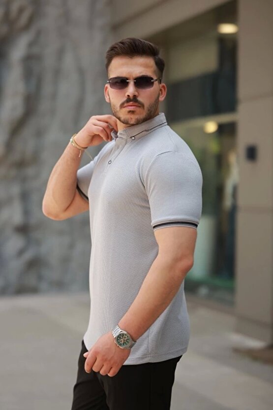 Erkek Düğmeli Yaka Waffle Kumaş Kısa Kollu Tişört