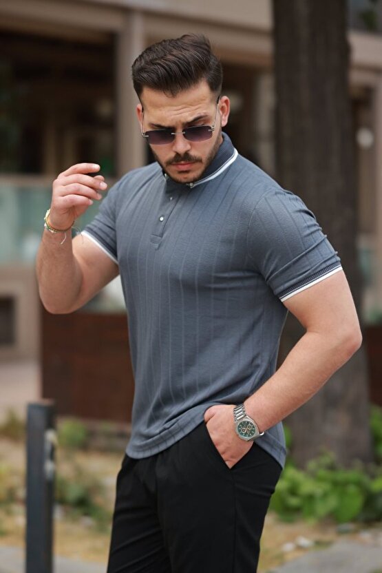 EQURİ Erkek Düğme Yakalı Jakar Kumaş Kısa Kollu Tişört