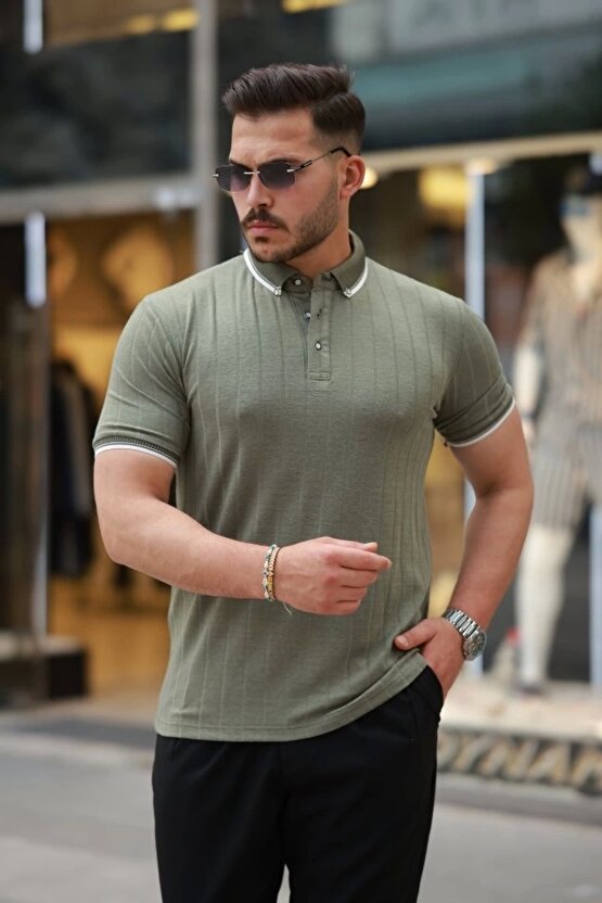 Erkek Düğme Yakalı Jakar Kumaş Kısa Kollu Tişört