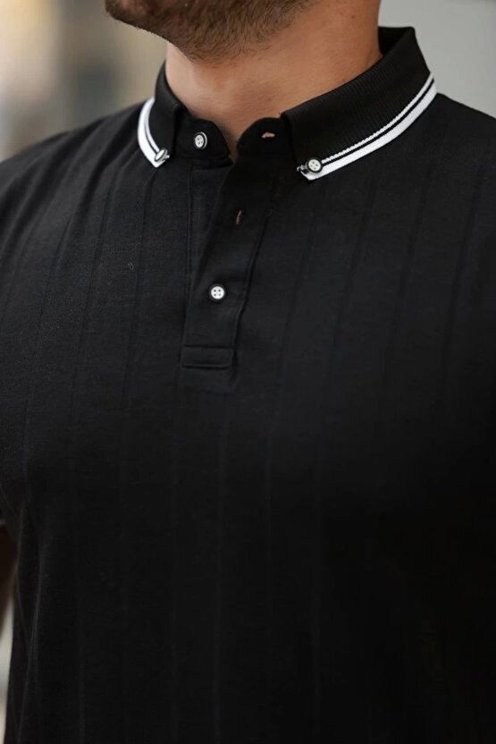 Erkek Düğme Yakalı Jakar Kumaş Kısa Kollu Tişört