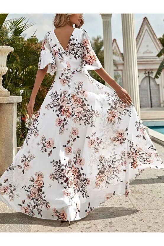 EQURİ Kadın Kısa Kollu V Yakalı çiçek Desenli Süprem Elbise