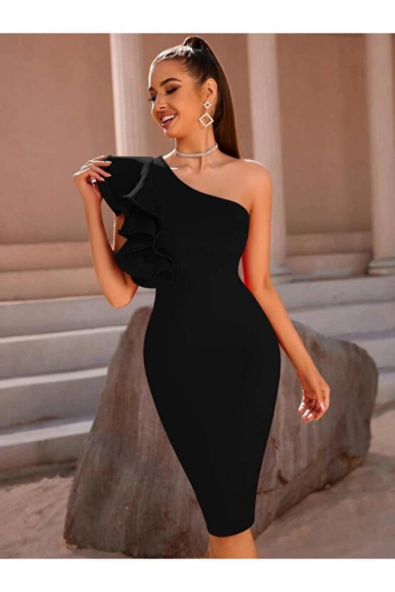 Kadın Tek Omuzu Açık Diğer Omuz Volan Detay Midi Ithal Krep Elbise