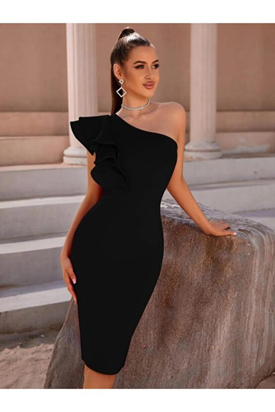 Kadın Tek Omuzu Açık Diğer Omuz Volan Detay Midi Ithal Krep Elbise