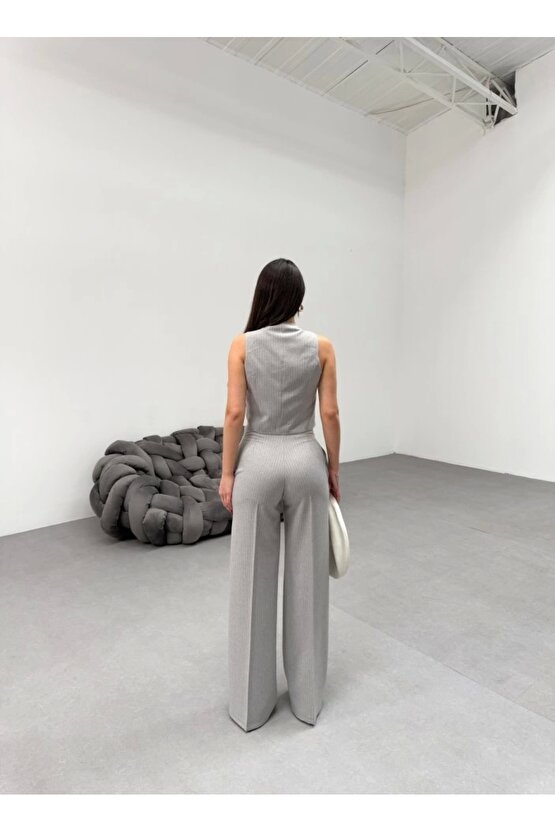 Toskana Çizgili Kruvaze Yaka Tek Düğmeli Yelek Pantolon Takim - M - A.Gri