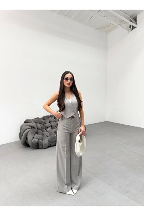 Toskana Çizgili Kruvaze Yaka Tek Düğmeli Yelek Pantolon Takim - M - A.Gri