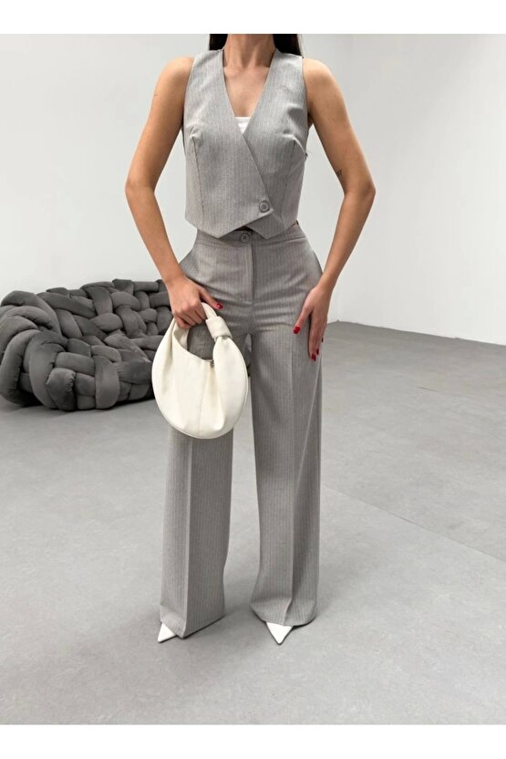 Toskana Çizgili Kruvaze Yaka Tek Düğmeli Yelek Pantolon Takim - M - A.Gri
