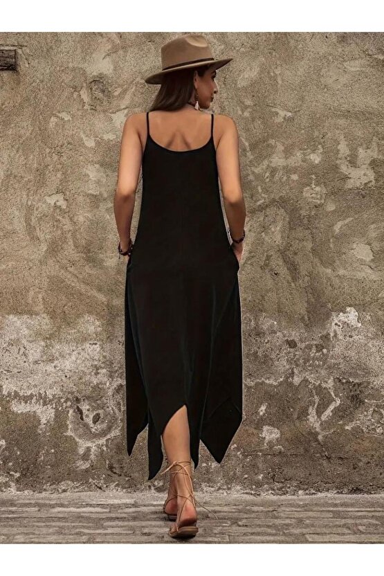 Kadın Askılı V Yakalı Cep Detaylı Asimetrik Kesim Detaylı Viskon Elbise