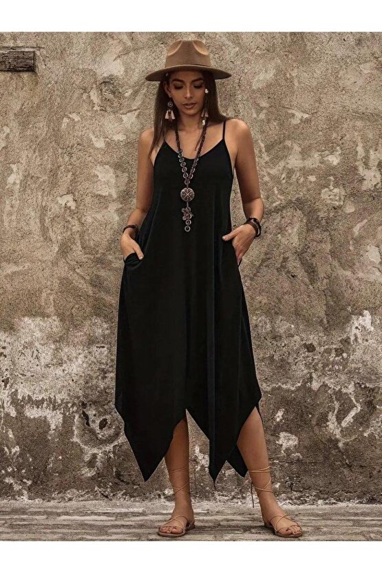 Kadın Askılı V Yakalı Cep Detaylı Asimetrik Kesim Detaylı Viskon Elbise