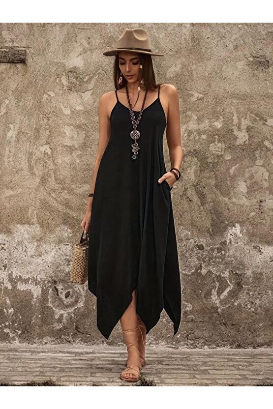 Kadın Askılı V Yakalı Cep Detaylı Asimetrik Kesim Detaylı Viskon Elbise